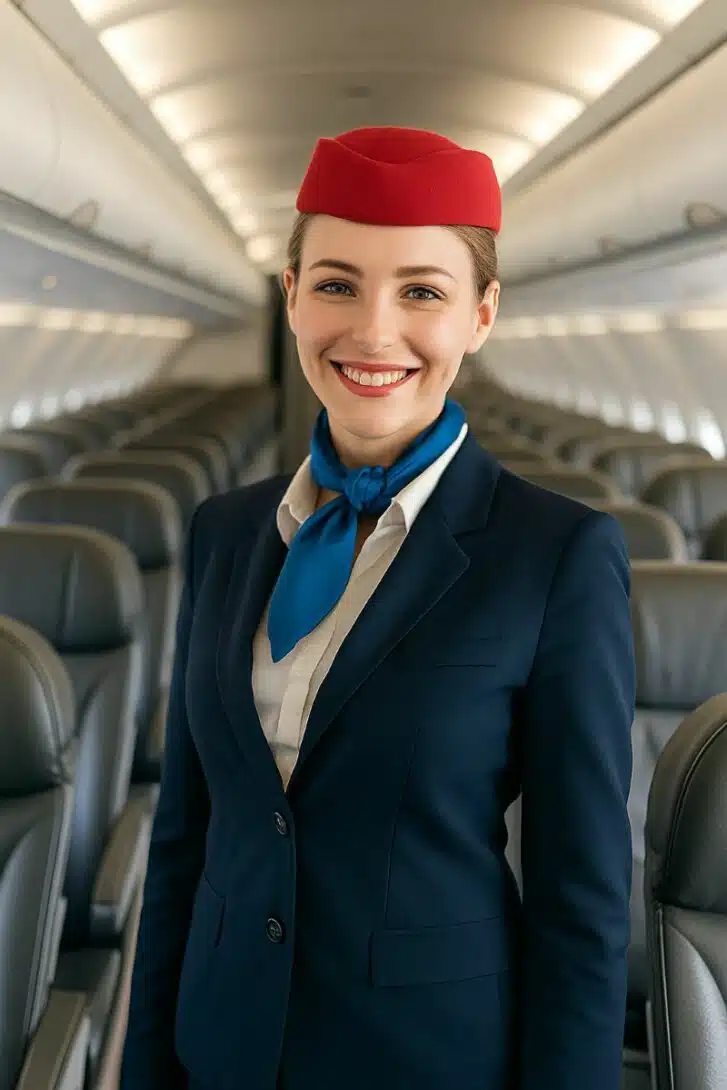 Hôtesse de l’air, ancienne participante au programme américain au pair souriant dans l’allée d’un avion en service.