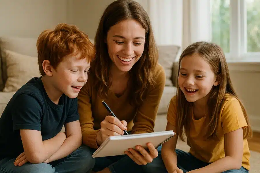 Jeune fille Au Pair avec une famille américaine dans un salon moderne, en situation d’échange quotidien