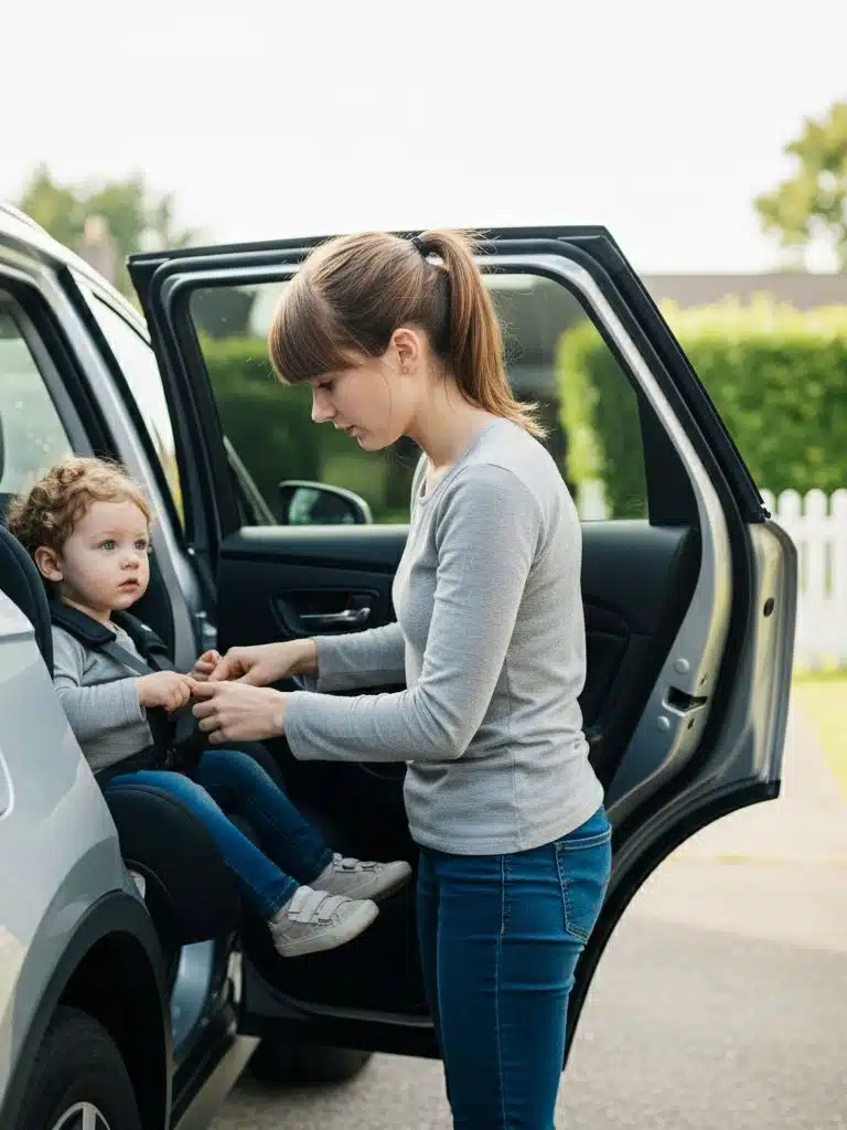 jeune femme attachant un bébé dans son siège auto