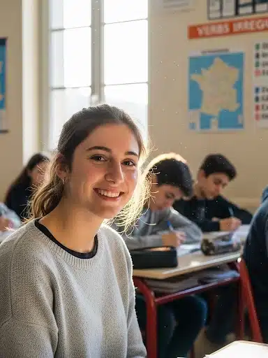 lycéenne souriante en cours d'anglais projet au pair
